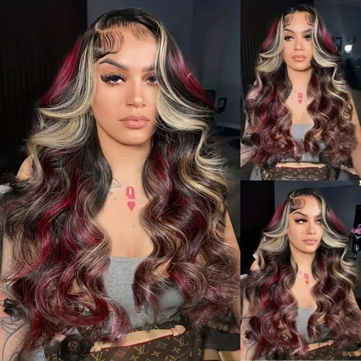 Allove New Pop Highlights Wig 180% Density Burgundy Red And Auburn Mixed Highlights Glueless Wig