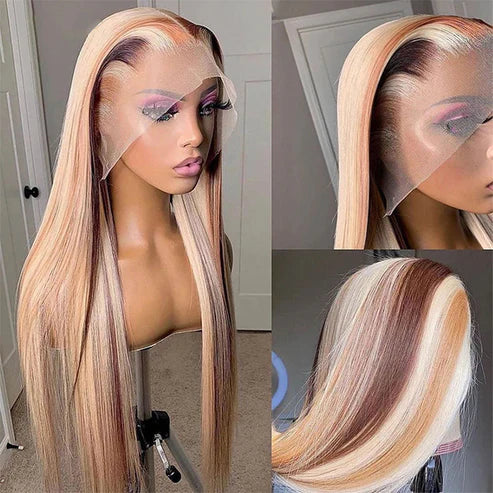 Highlight Brown 613 Balayage Colored Wigs 13x4 HD Lace Front Wigs Straight Human Hair Wigs - AlloveHair