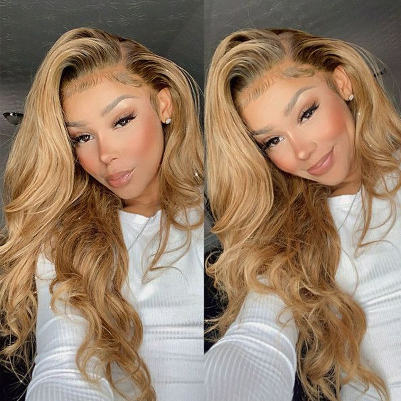 Introducing the Allove Hair Honey Blonde Ombre Wig in a stunning 1B/27 color blend, designed to elevate your style with its beautiful transition from dark roots to warm honey tones. This body wave hair wig features a 13x4 lace front that ensures a natural look and seamless styling versatility.