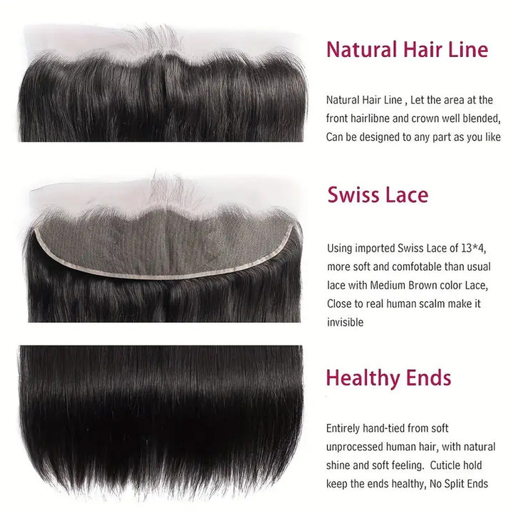 Allove Hair Peruvian Straight Hair 3 Bundles with 13*4 Lace Frontal