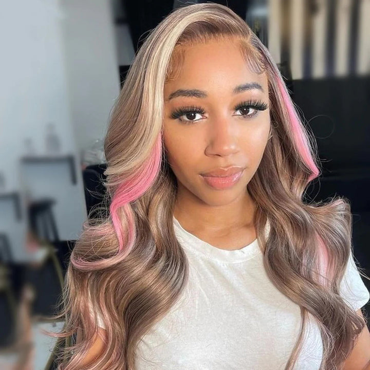 Allove Side Part Pink Balayage On #4 Light Brown Hair Wigs Body Wave 13x4 Lace Front Wigs