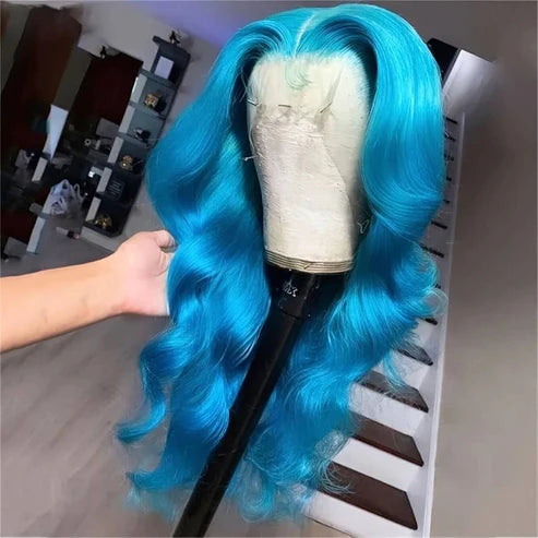 Light Sky Blue Body Wave 13x4 Lace Frontal Wig With Pre plucked Colored Human Hair Wig - AlloveHair