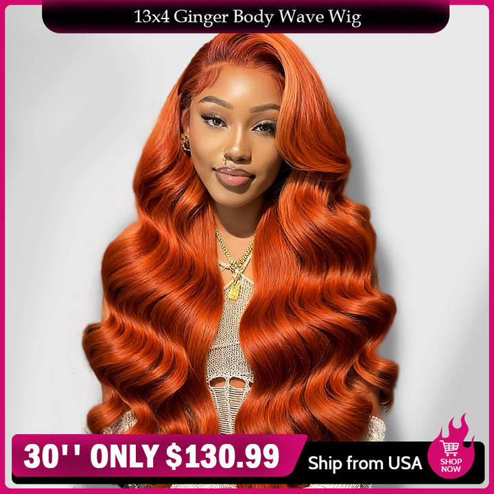 [Black Friday Deal- No Code Needed] Ginger Orange Body Wave Human Hair 13x4 Lace Frontal Wig Flash Sale - AlloveHair