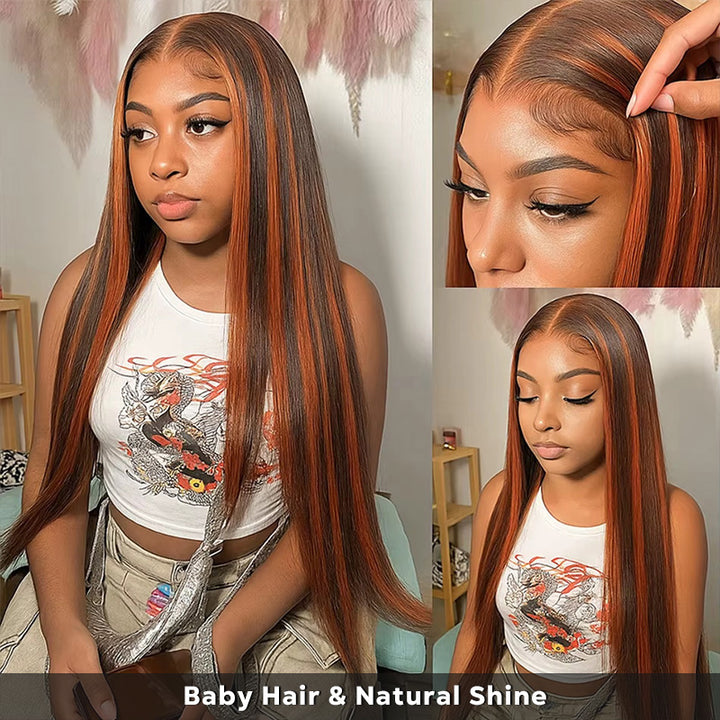 P4/350 Highlight Wigs 13x4 Lace Front Wig Ombre Ginger With Brown Straight Human Hair Wigs