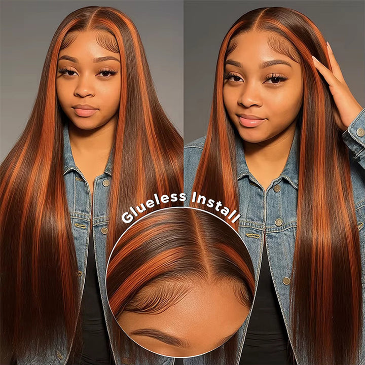 P4/350 Highlight Wigs 13x4 Lace Front Wig Ombre Ginger With Brown Straight Human Hair Wigs