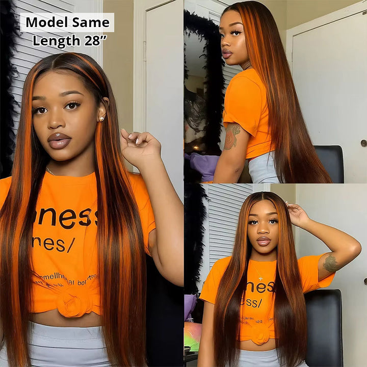 P4/350 Highlight Wigs 13x4 Lace Front Wig Ombre Ginger With Brown Straight Human Hair Wigs