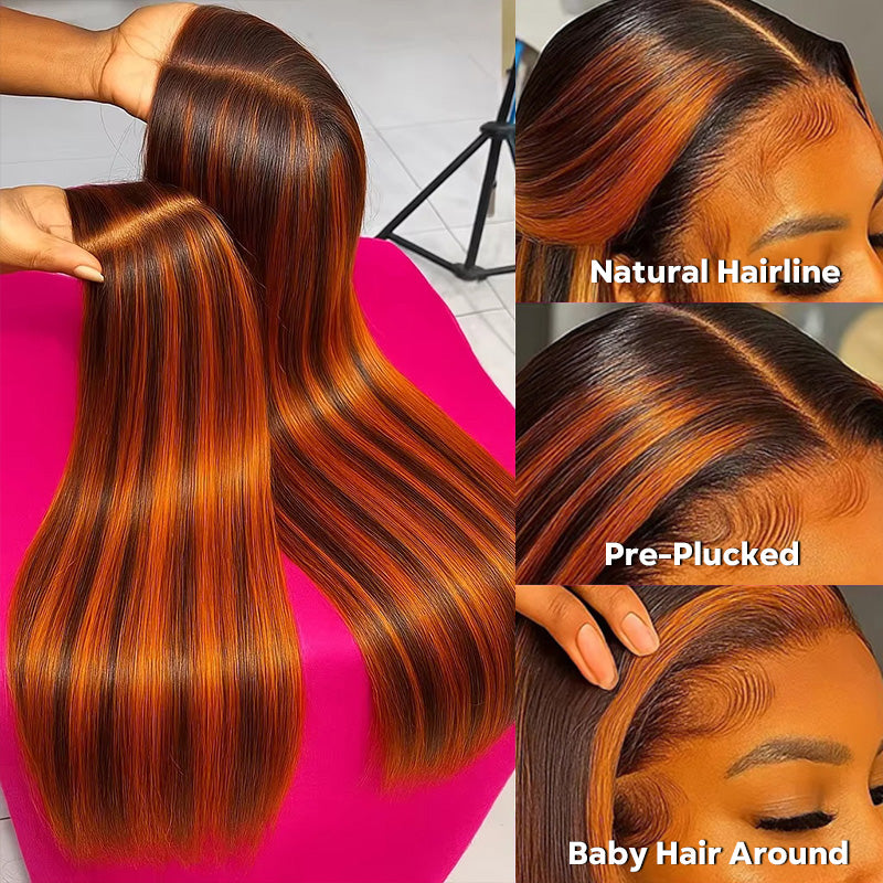 P4/350 Highlight Wigs 13x4 Lace Front Wig Ombre Ginger With Brown Straight Human Hair Wigs