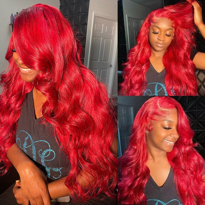 Allove Hair 32 Inch Red Color Body Wave 13x4 HD Glueless Lace Front Wig with Pre Plucked