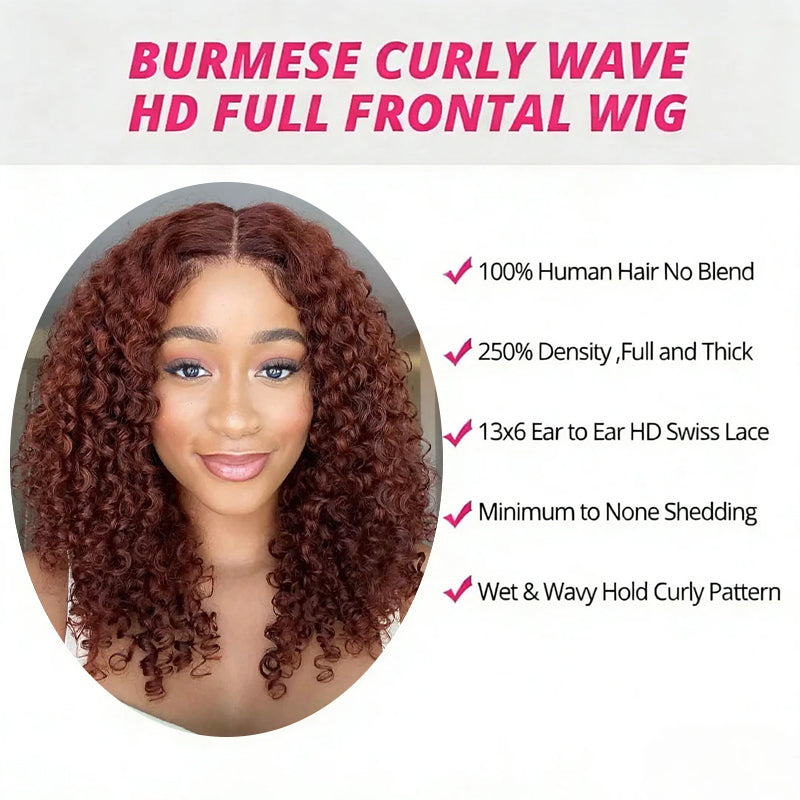Reddish Brown Burmese Curly Wig 13x6 Lace Front Glueless Wig 250% Density