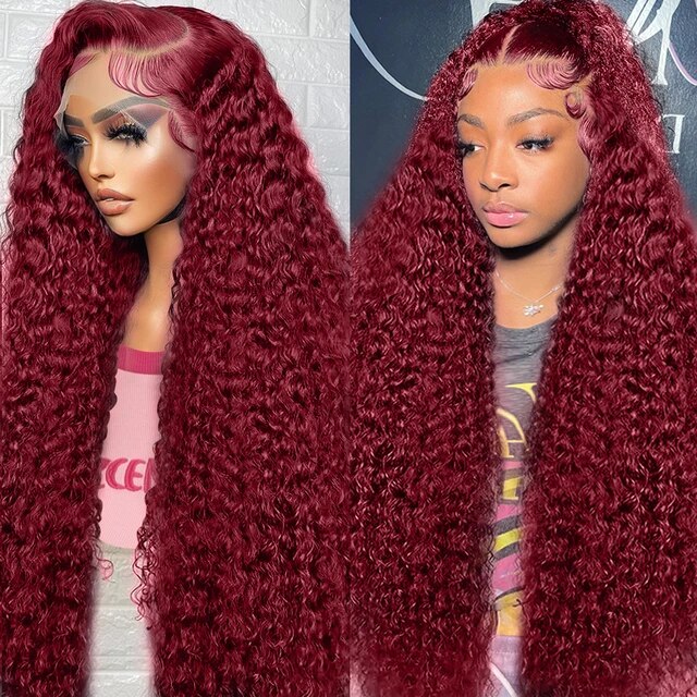 40 Inch #99J Deep Wave Burgundy Wig 13x4 HD Glueless Lace Front Wig with Pre Plucked