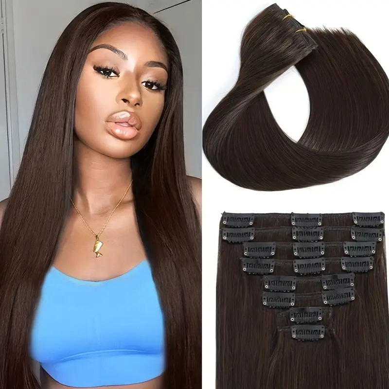 Allove Hair Straight Hair Clip In Hair Extensions 7 Pieces/Set 2# Dark Brown Color