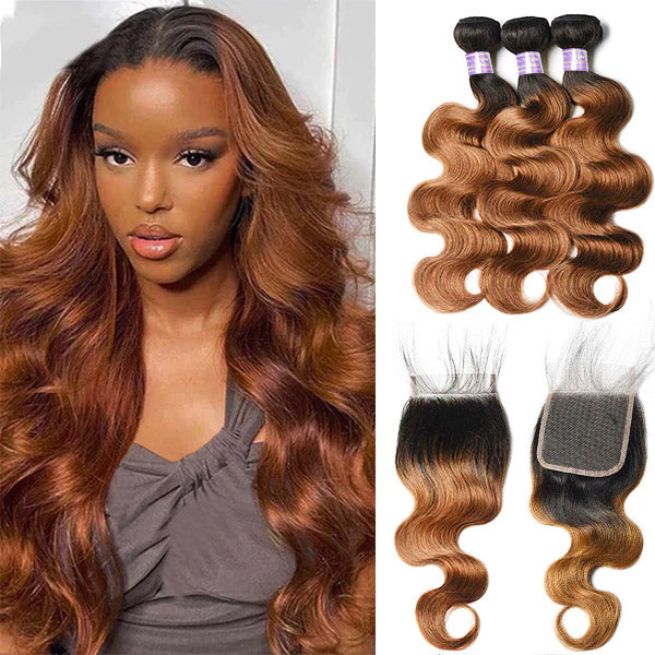 T1B/30 Color Brazilian Body Wave Hair 3 Bundles With 4x4 Lace Closure Human Hair Extensions