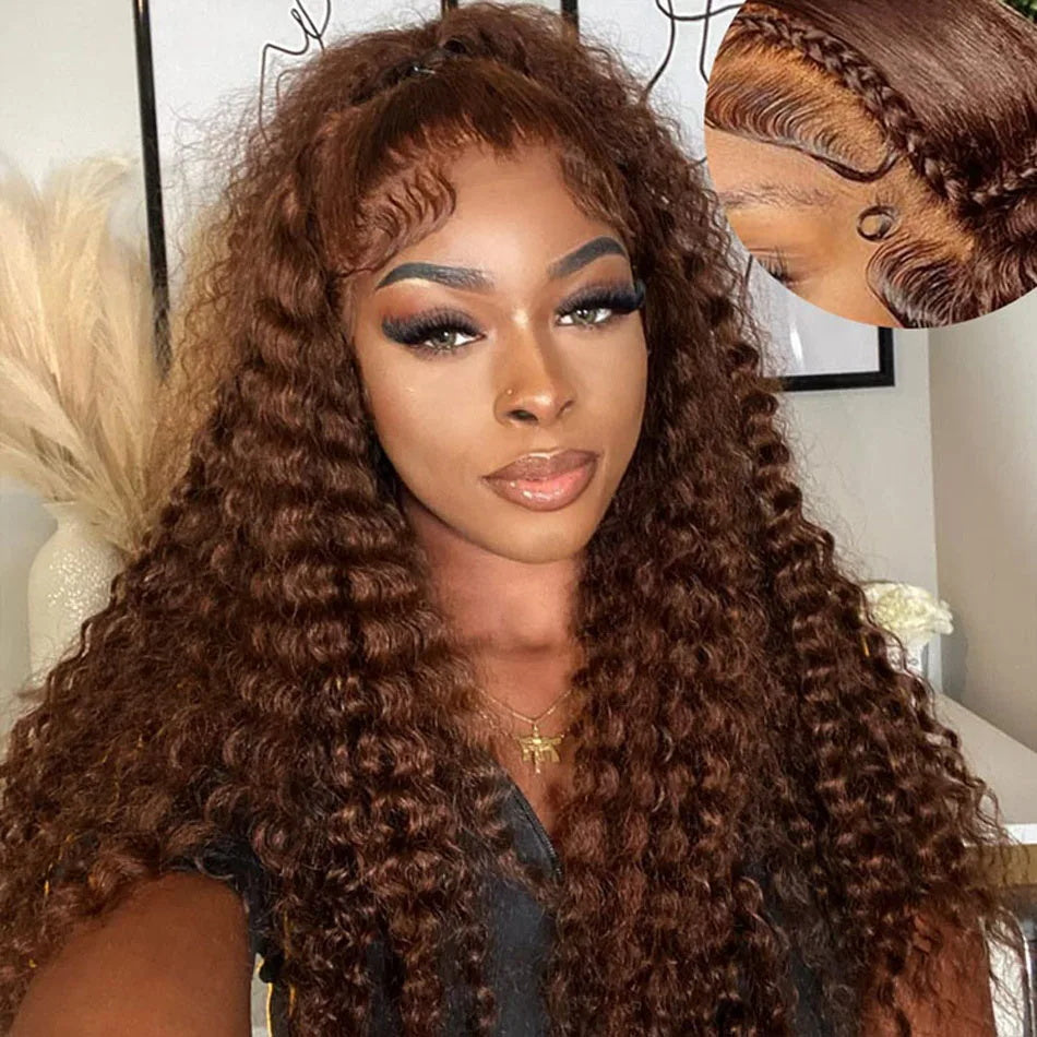 #4 Brown Colored Deep Wave Lace Front Wig 13x4 Transparent Lace Frontal Wig Pre-Plucked Human Hair Wig