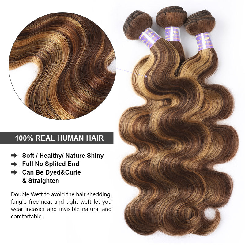 P4/27 Highlight Bundles with Closure Body Wave Hair 3 Bundles with 5x5 Lace Closure