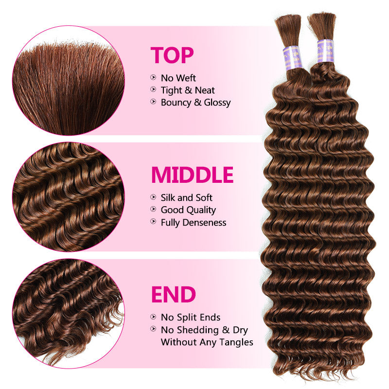 #30 Light Brown Bulk Human Hair For Braiding No Weft Deep Wave Human Hair Bundles For Black Women - AlloveHair