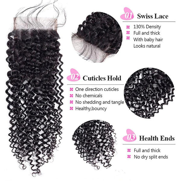 Brazilian Kinky  Curly Hair 3 Bundles with Transparent 4*4 Lace Closure