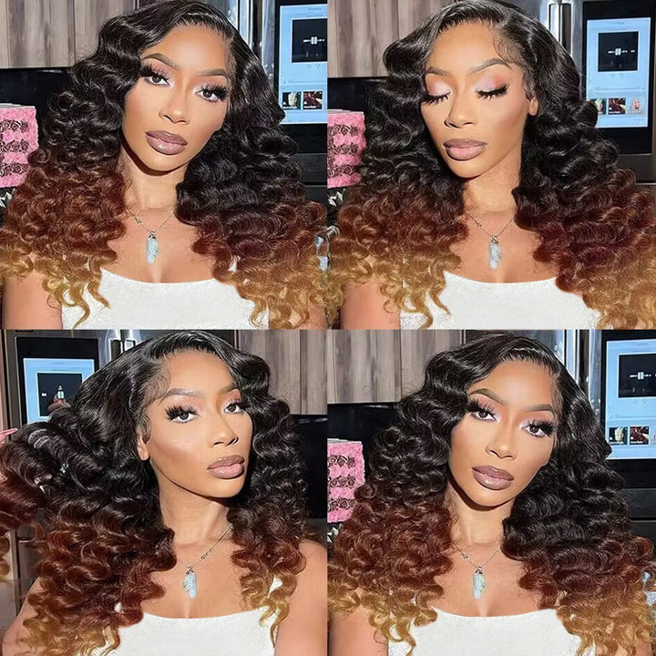 Allove #1B/4/30 Ombre Loose Deep Wave 13x4 Lace Frontal Wig Brown Colored Wear To Go Human Hair Wigs