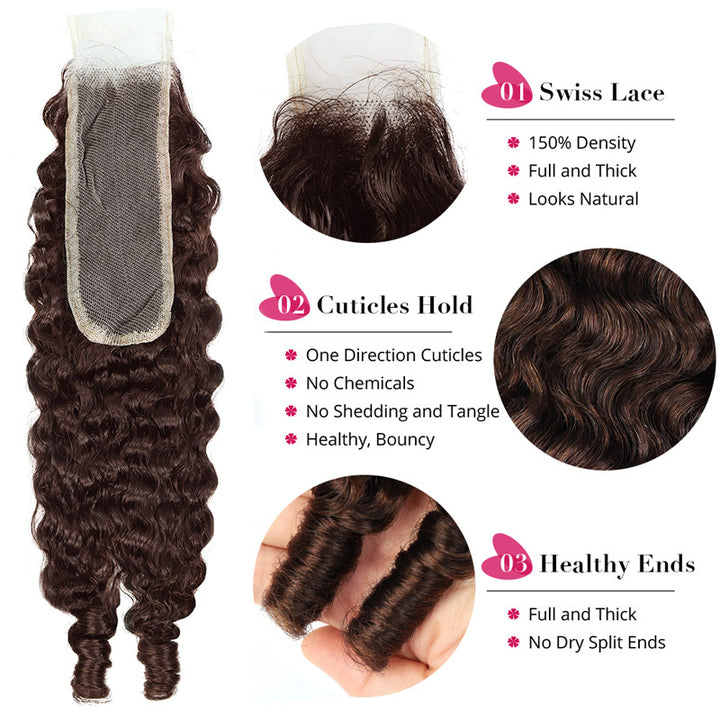 2x6 HD Lace Closure with Burmese Curly Bundles Human Hair Deep Parting 30 Inch Dark Brown Human Hair Weave Extensions