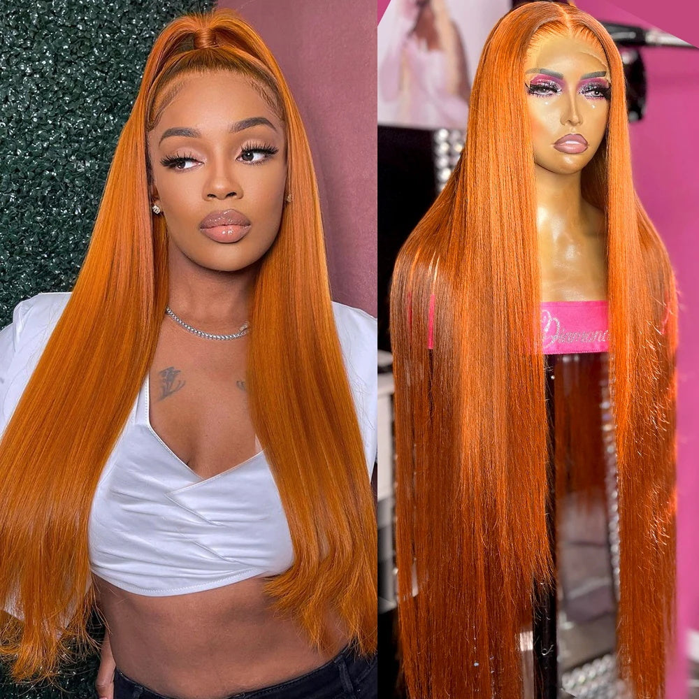 Orange Ginger Color 13x6 Straight Hair HD Lace Front Human Hair Wigs with Pre Plucked
