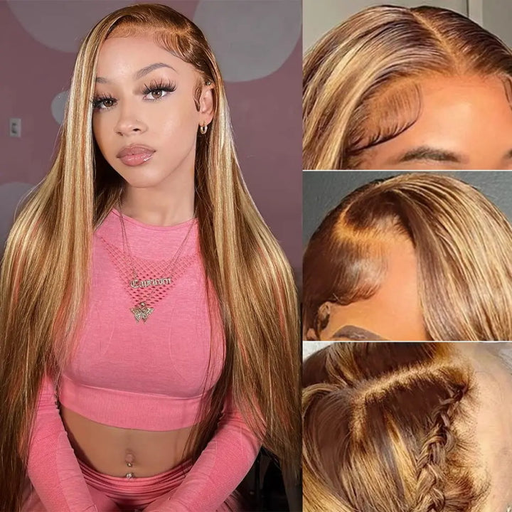 Honey Blonde Straight Hair 3 Bundles With Transparent 13*4 Lace Frontal