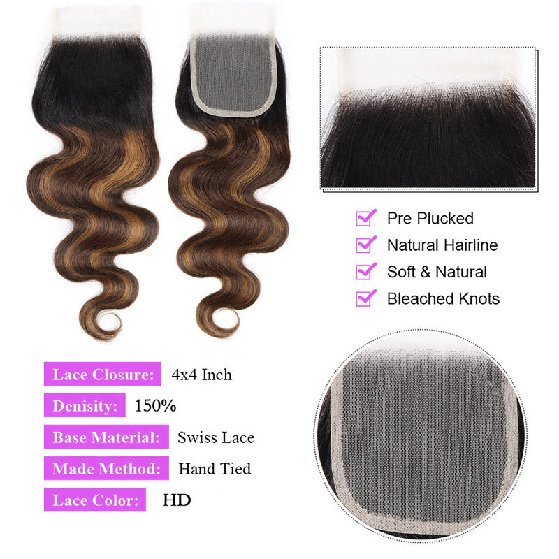 Highlight #FB30 Body Wave Hair 4 Bundles With 4x4 Transparent Lace Closure