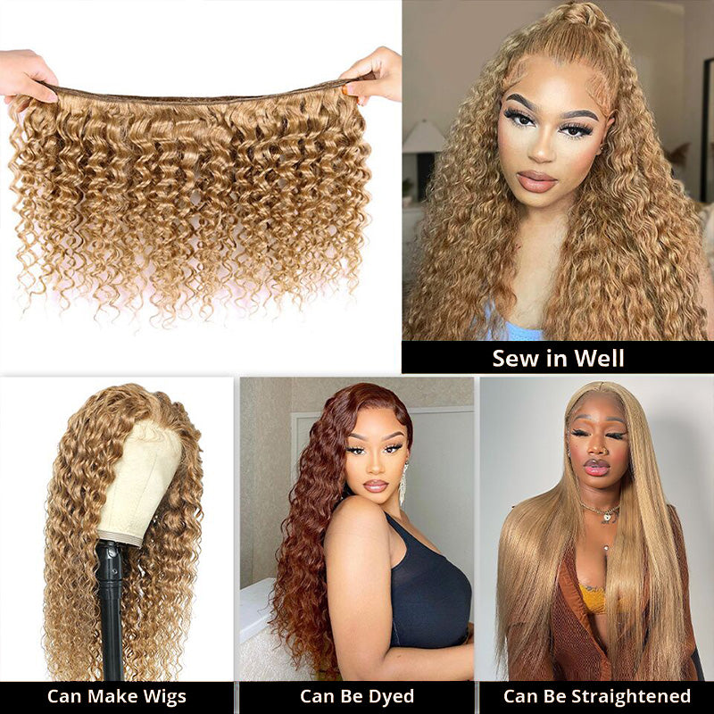 30 Inch #27 Honey Blonde Deep Wave Human Hair Bundles Tangle Free Brazilian Hair Weave Deep Curly Hair 3/4 Bundles - AlloveHair
