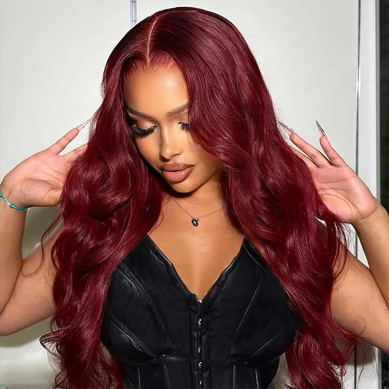 #99J Burgundy Body Wave Human Hair 3 Bundles With 13x4 13x6 HD Lace Frontal Colored Hair Weave Weft Extensions - AlloveHair