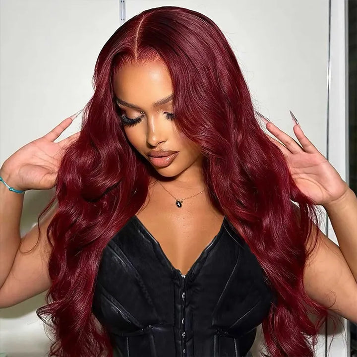 #99J Burgundy Body Wave Human Hair 3 Bundles With 13x4 13x6 HD Lace Frontal Colored Hair Weave Weft Extensions - AlloveHair