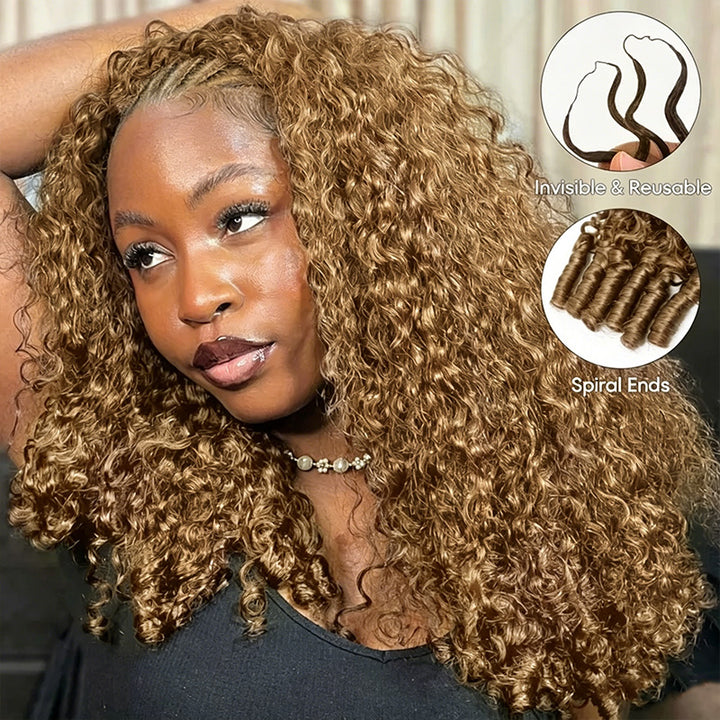 #27 Honey Blonde Burmese Curly Feather Crochet Human Hair Quick Weave with Spiral Curly End Boho Braids Hair Extensions