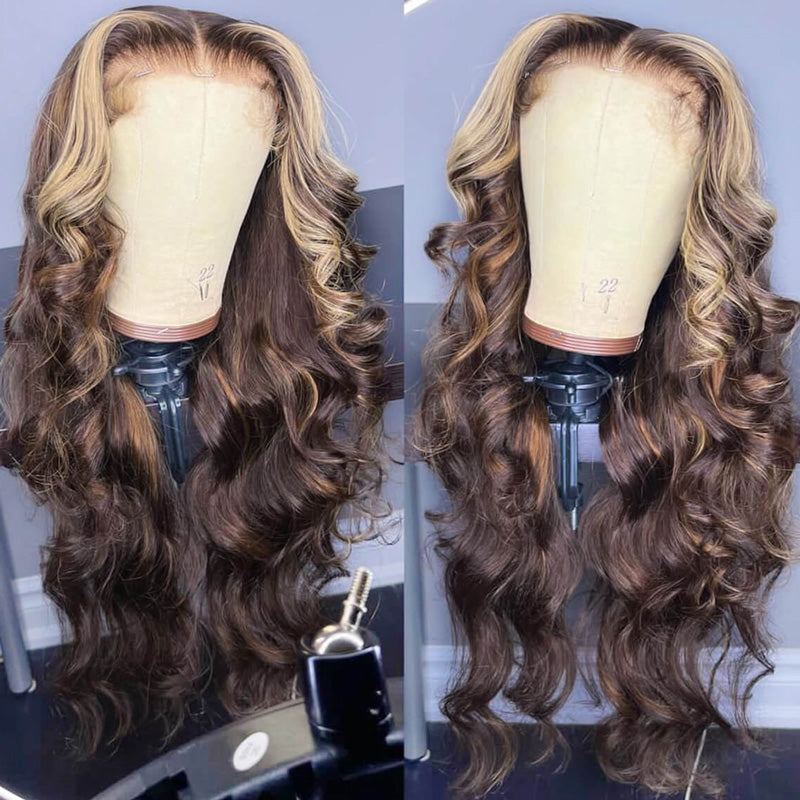 200 Density Glueless Balayage Highlight With Skunk Stripe Body Wave Wig Money Piece Highlight 13x4 13x6 HD Lace Front Wig Human Hair