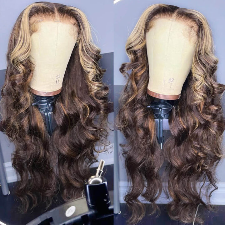 200 Density Glueless Balayage Highlight With Skunk Stripe Body Wave Wig Money Piece Highlight 13x4 13x6 HD Lace Front Wig Human Hair