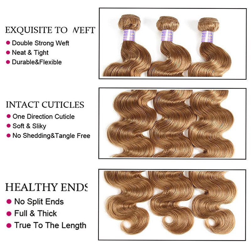 Honey Blonde Bundles Body Wave Hair Weave 3 Bundles with 13x4 13x6 HD Lace Frontal Color 27 Human Hair Bundles - AlloveHair