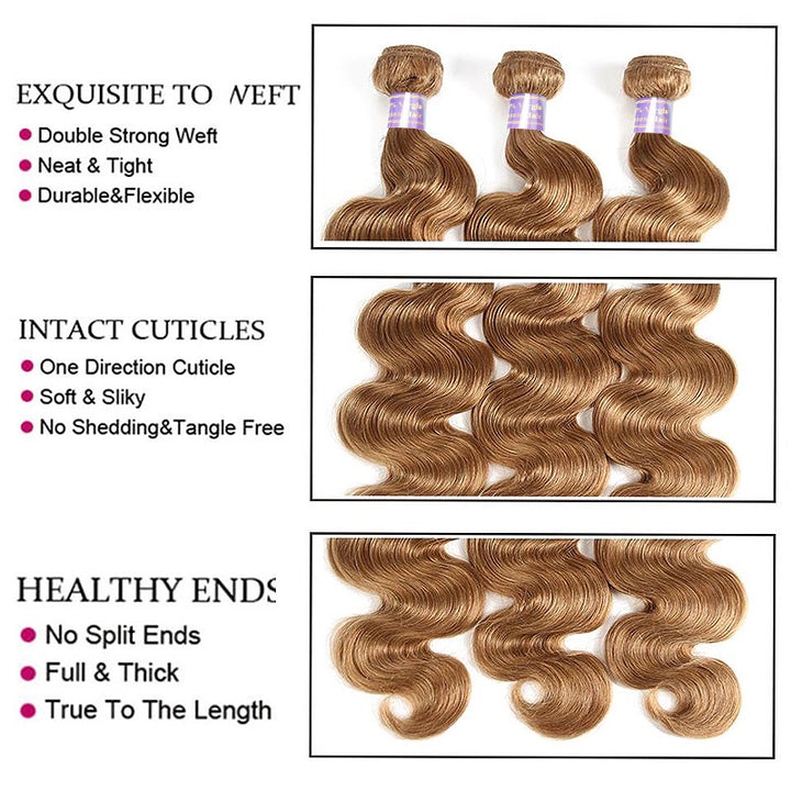 Honey Blonde Bundles Body Wave Hair Weave 3 Bundles with 13x4 13x6 HD Lace Frontal Color 27 Human Hair Bundles - AlloveHair