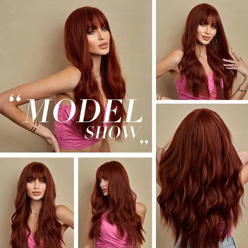 Allove #33 Reddish Brown Colored Body Wave Machine Made Wigs With Bangs Wear To Go