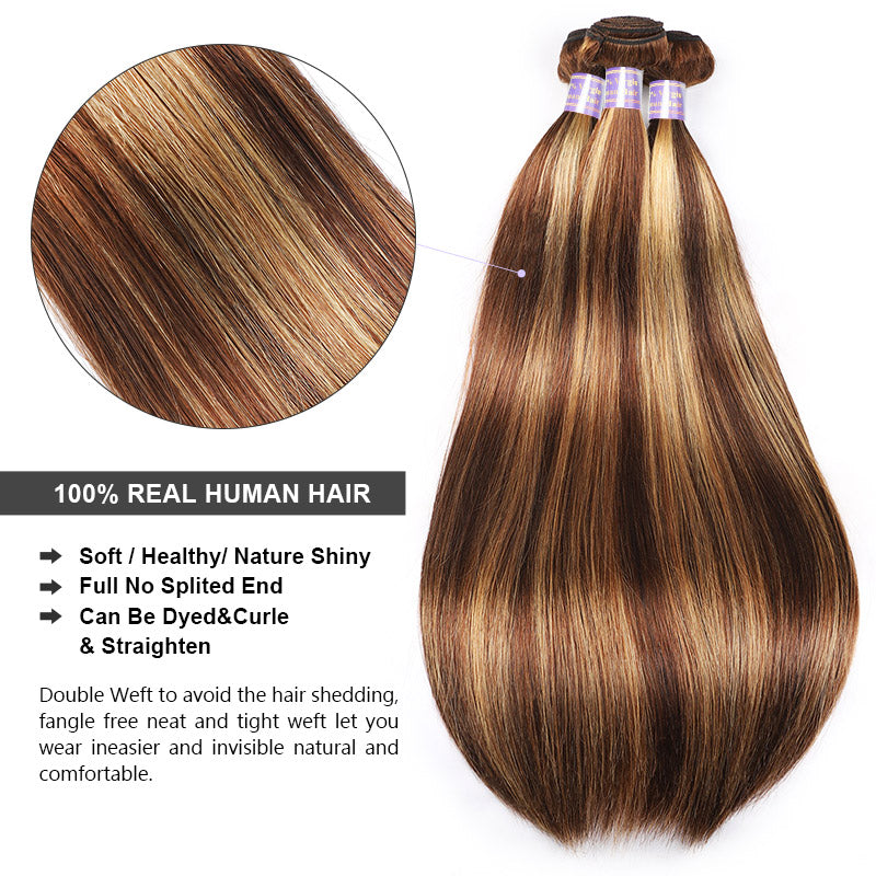 Allove Hair Honey Blonde Highlight Straight Hair 3 Bundles With 5x5 Transparent Lace Closure