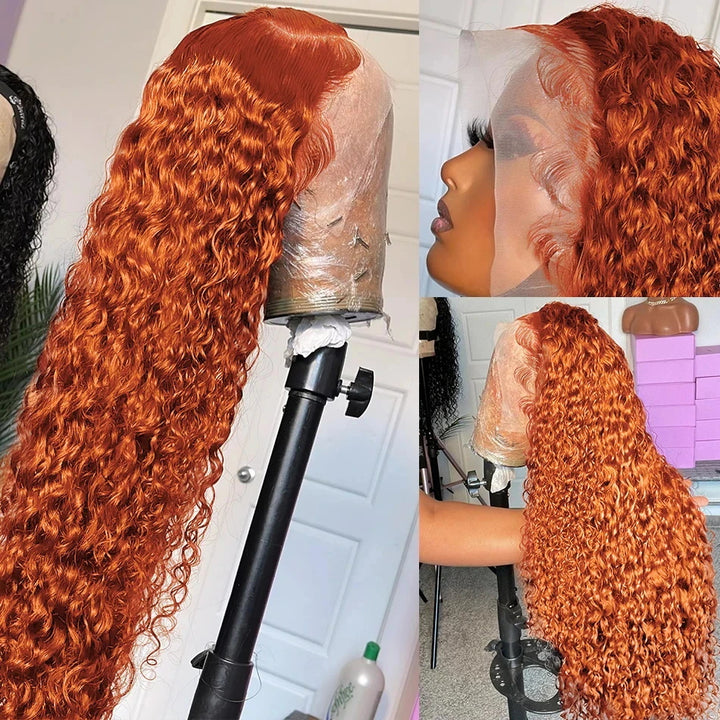 Allove Ginger Orange Color Curly 13x6x1 Lace Part Wigs Brazilian PrePlucked Transparent HD Wig For Women