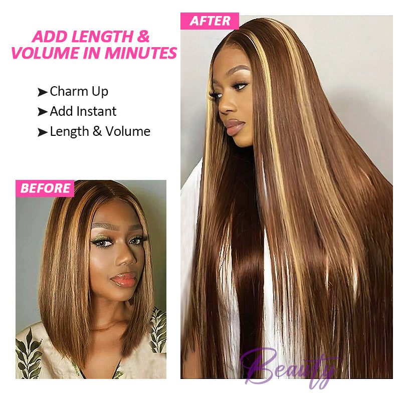 [Final Price - No Code Needed] P4/27 Highlight Brown Seamless PU Clip in Hair Extensions Silky Straight Human Hair Pieces 9Pcs / 7Pcs - AlloveHair