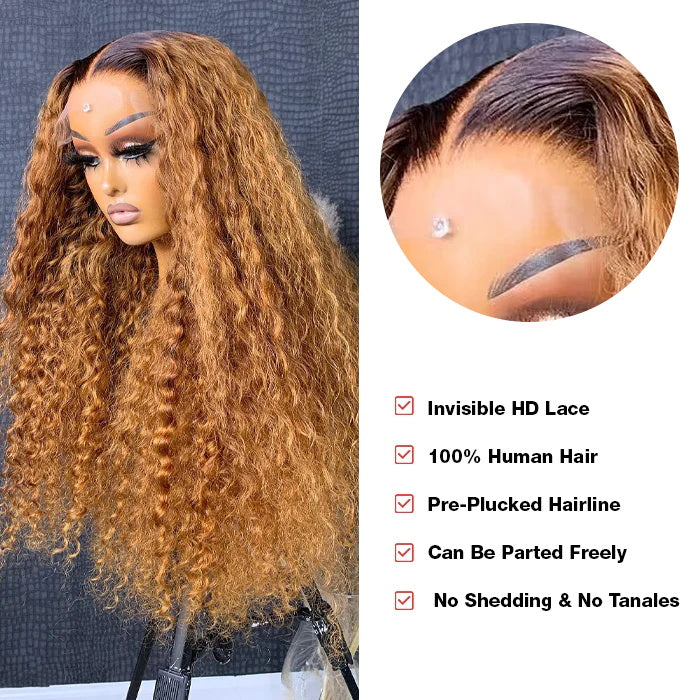 Allove 13x4/13x6 Lace Front Ombre Deep Wave Honey Blonde Wig With Dark Roots Pre Plucked HD Lace Wig