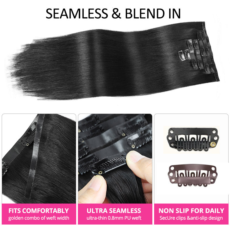 [Final Price - No Code Needed] Seamless PU Clip in Hair Extensions Silky Straight Real Human Hair Pieces For Black Women