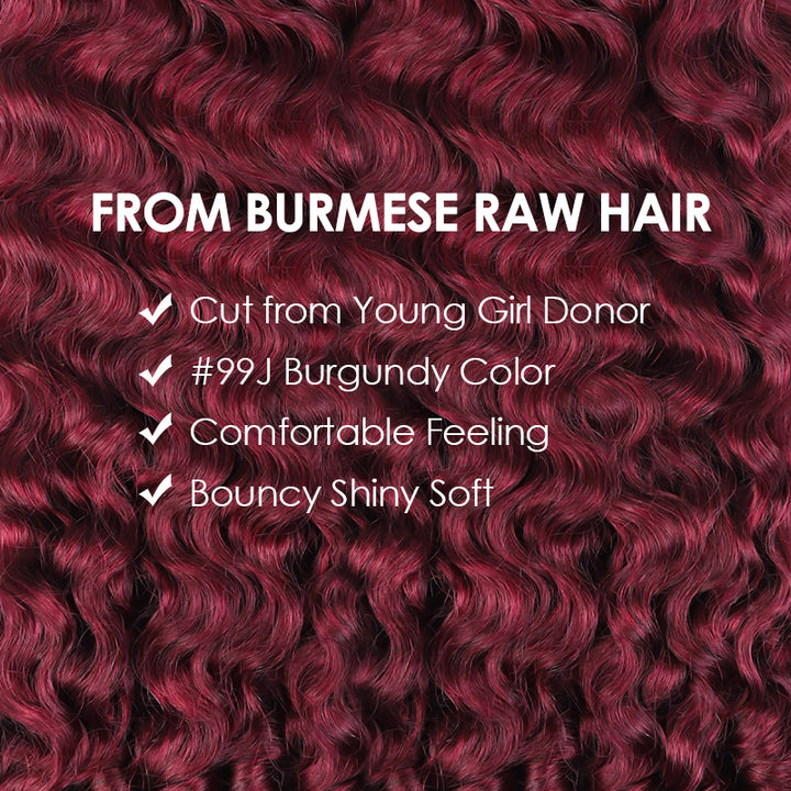 [Ship in 12Hours] Allove 99J Burgundy Color Burmese Curly Hair Bundles 12A Raw Virgin Human Hair Weave - AlloveHair