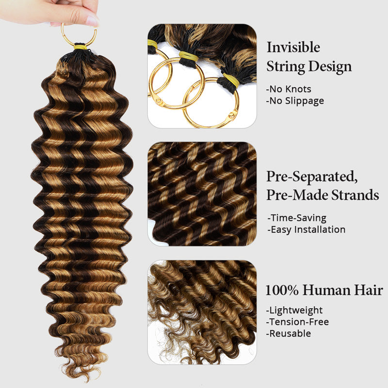 #P4/27 Miracle Knots Deep Wave Crochet Hair Extensions Highlight Brown Pre-Separated Feather Crochet Human Hair For Braiding