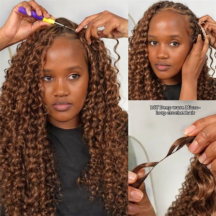 #30 Brown Burmese Curly Human Hair For Braiding Pre-Separated Feather Crochet Weave Hair Extensions with Miracle Knots