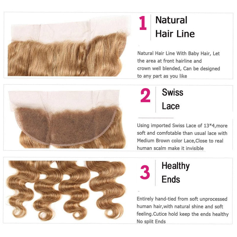 Honey Blonde Bundles Body Wave Hair Weave 3 Bundles with 13x4 13x6 HD Lace Frontal Color 27 Human Hair Bundles - AlloveHair