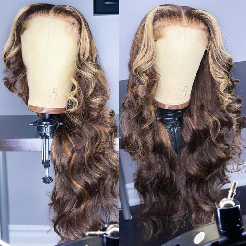 200 Density Glueless Balayage Highlight With Skunk Stripe Body Wave Wig Money Piece Highlight 13x4 13x6 HD Lace Front Wig Human Hair