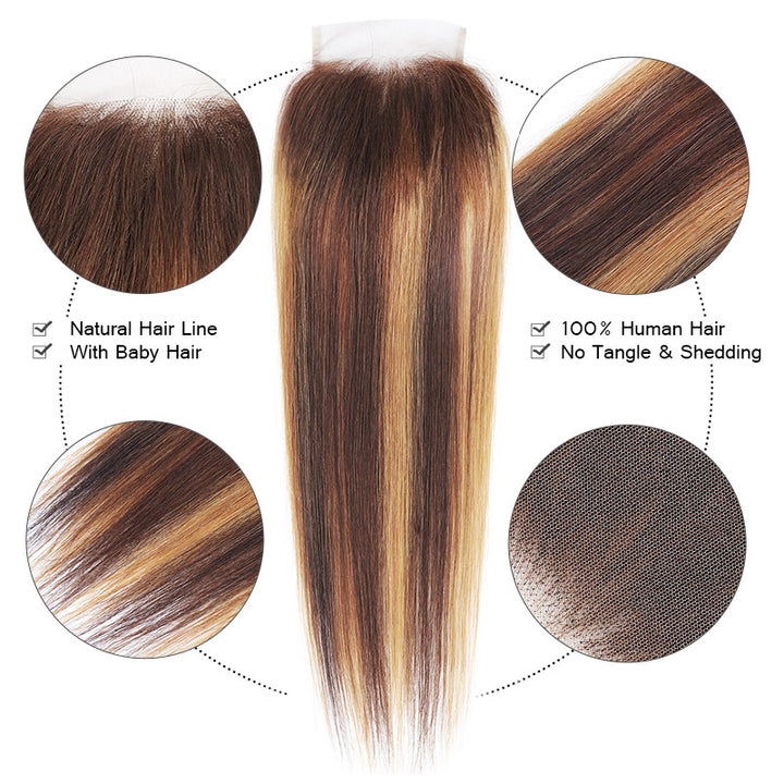 Allove Hair Honey Blonde Highlight Straight Hair 3 Bundles With 5x5 Transparent Lace Closure