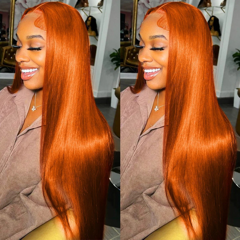 Orange Ginger Color 13x6 Straight Hair HD Lace Front Human Hair Wigs with Pre Plucked
