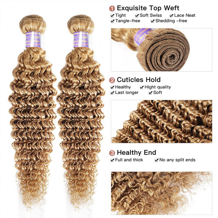 30 Inch #27 Honey Blonde Deep Wave Human Hair Bundles Tangle Free Brazilian Hair Weave Deep Curly Hair 3/4 Bundles - AlloveHair