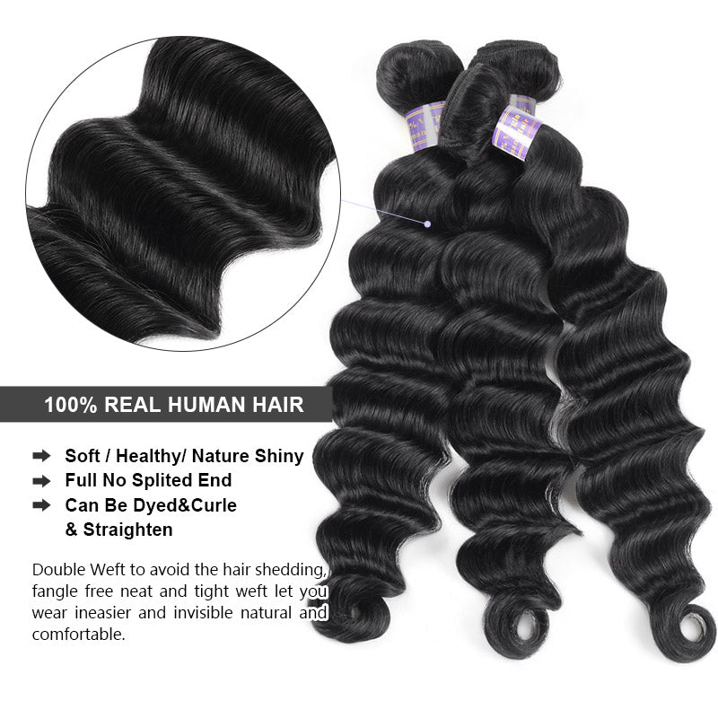 Allove Hair Loose Deep Wave 3 Bundles With 5*5 Lace Closure