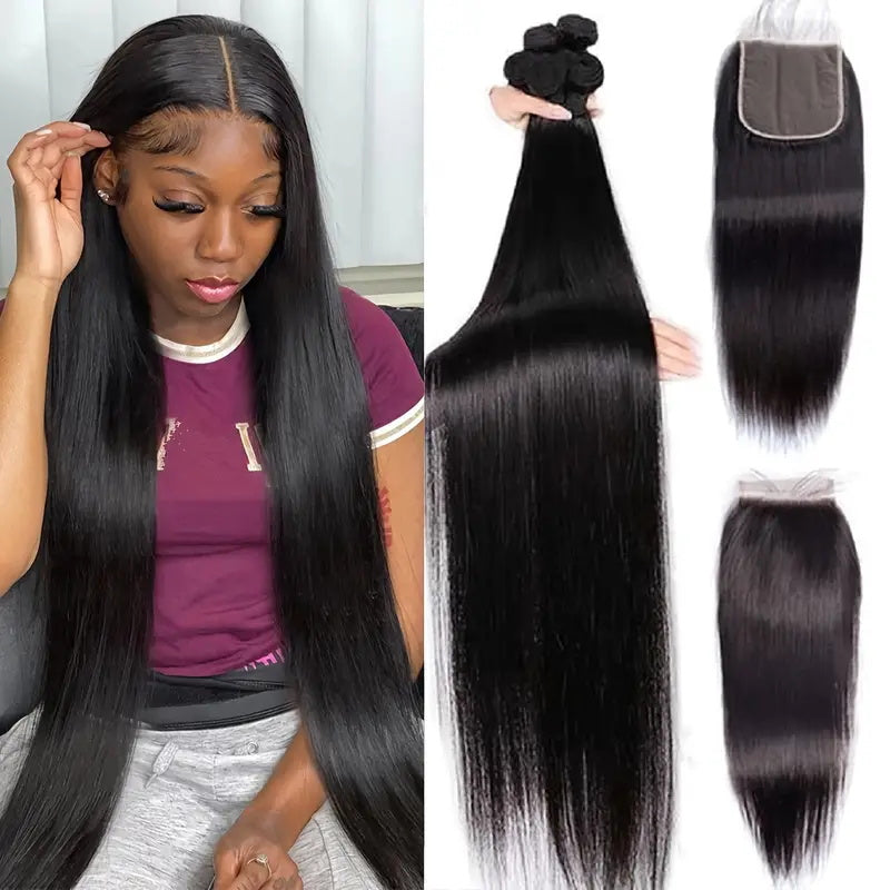 Allove Brazilian Straight Human Hair Weave 3 Bundles with 4*4 Lace Closure