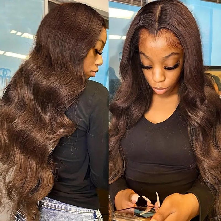 40'' Chocolate Brown Colored Body Wave Human Hair Wig 13x4 HD Lace Front Wigs
